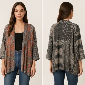 Soft Surroundings Gray Leopard Print Embroidered Wool Cardigan‎ X/XL